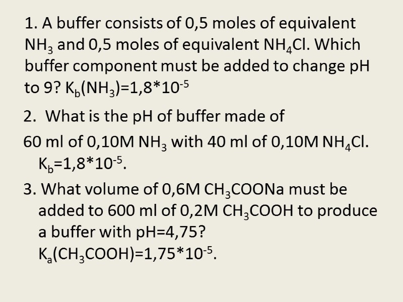 1. A buffer consists of 0,5 moles of equivalent NH3 and 0,5 moles of